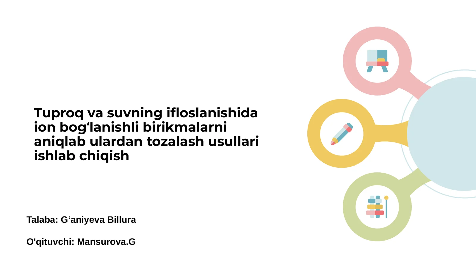 Tuproq va suvning ifloslanishida ion bogʻlanishli birikmalarni aniqlab ulardan tozalash usullari ishlab chiqish