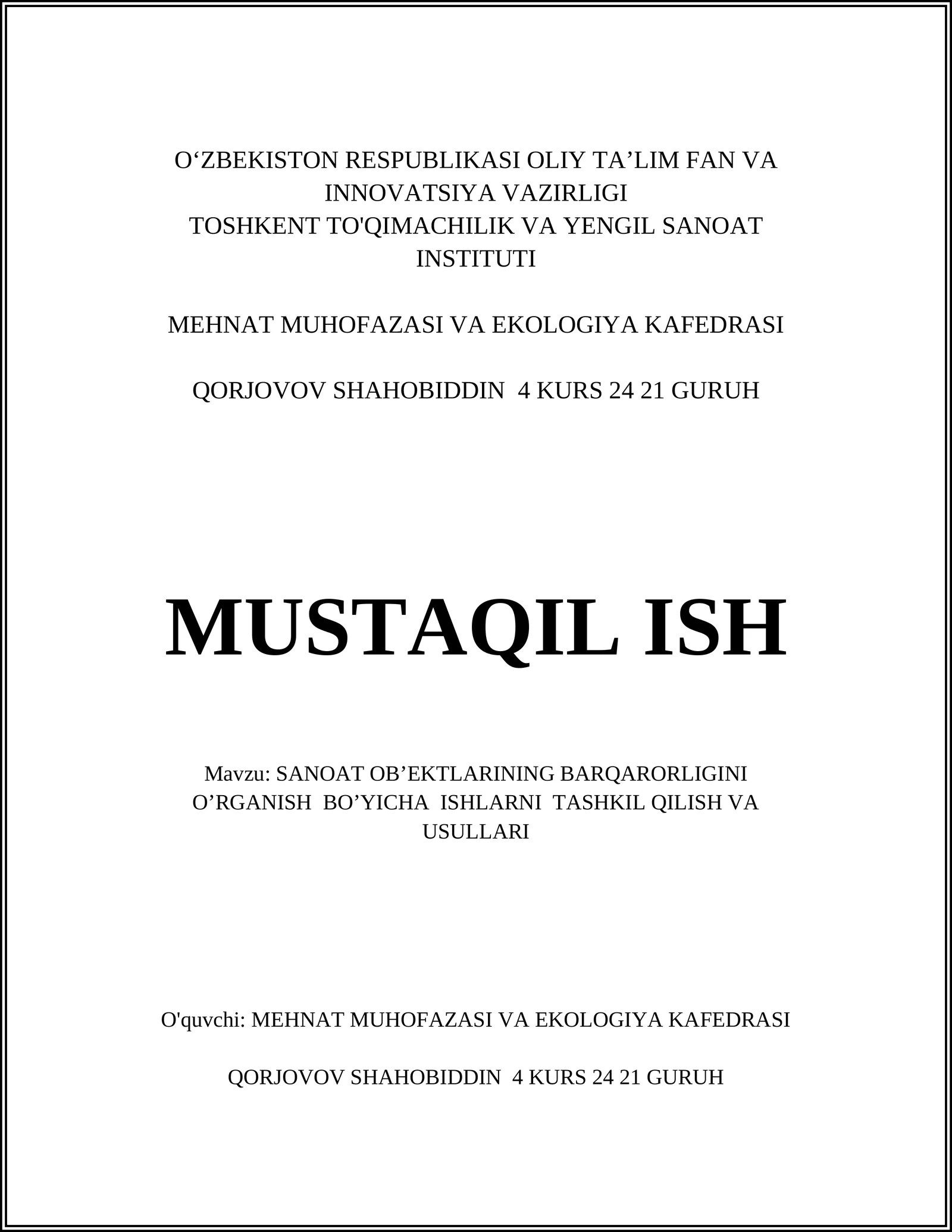 Sanoat ob’ektlarining barqarorligini o’rganish