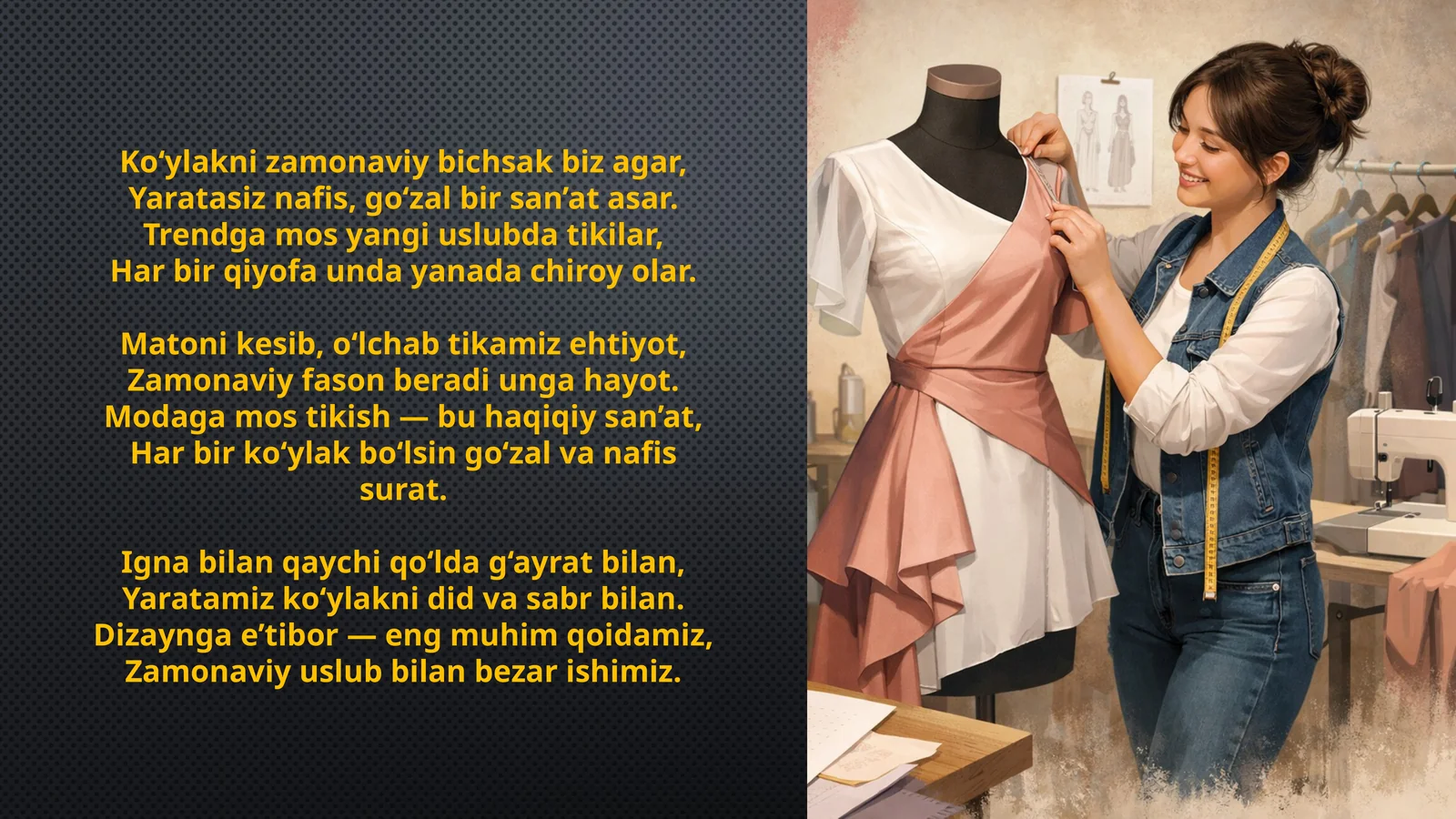 Ko'ylaknizamonaviyuslubdabichishvatikish:ijodiyjarayon