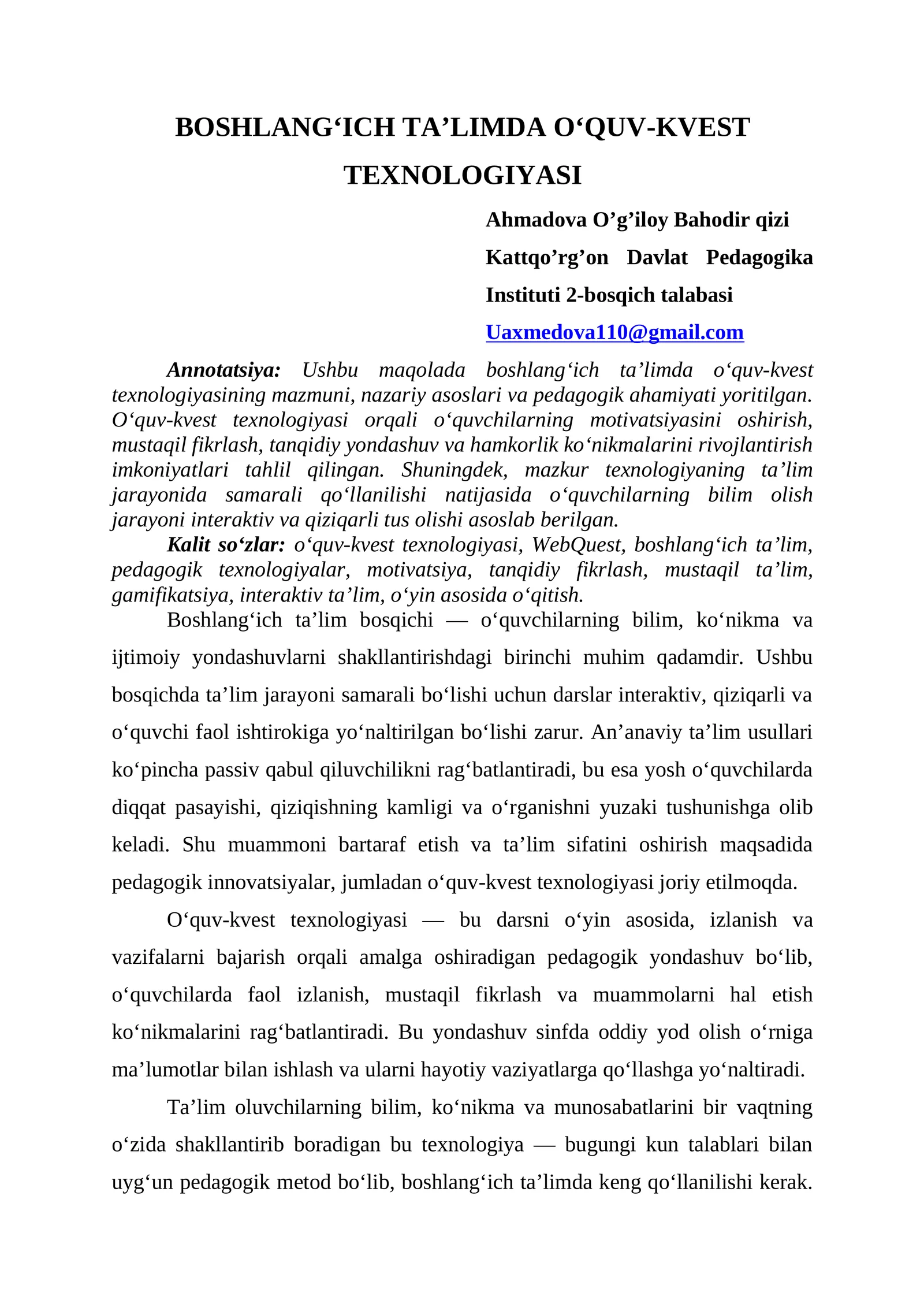 BOSHLANG‘ICH TAʼLIMDA O‘QUVKVEST TEXNOLOGIYASI
