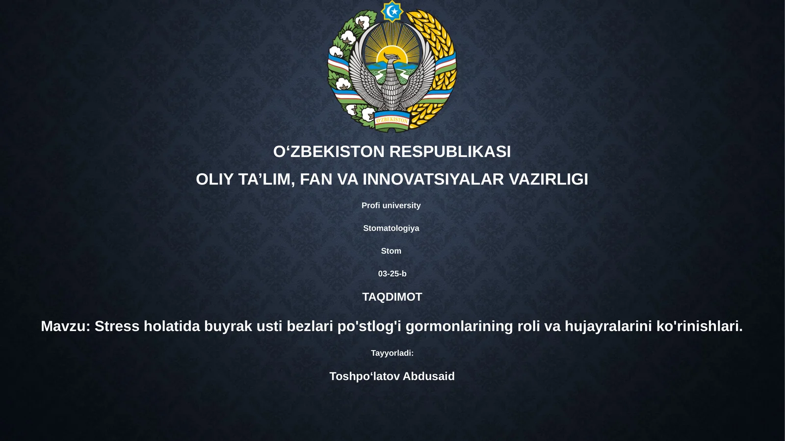 Stress holatida buyrak usti bezlari po'stlog'i gormonlarining roli va hujayralarini ko'rinishlari