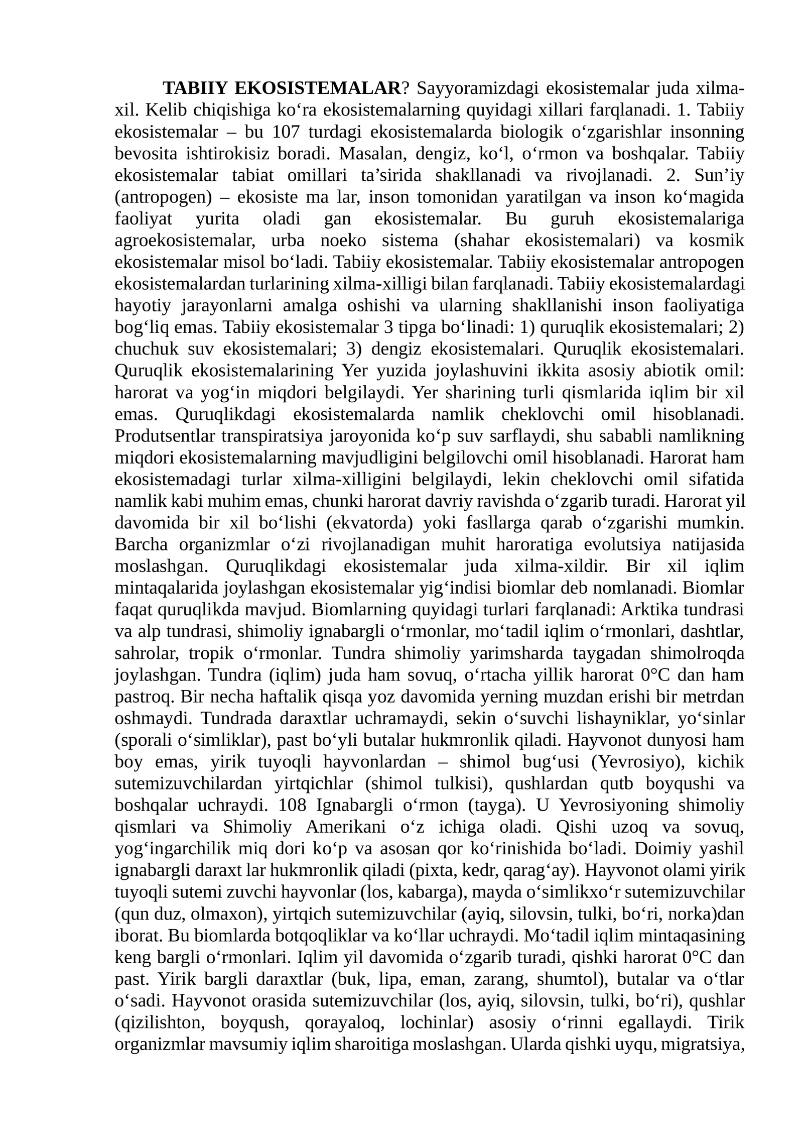 TABIIY EKOSISTEMALAR