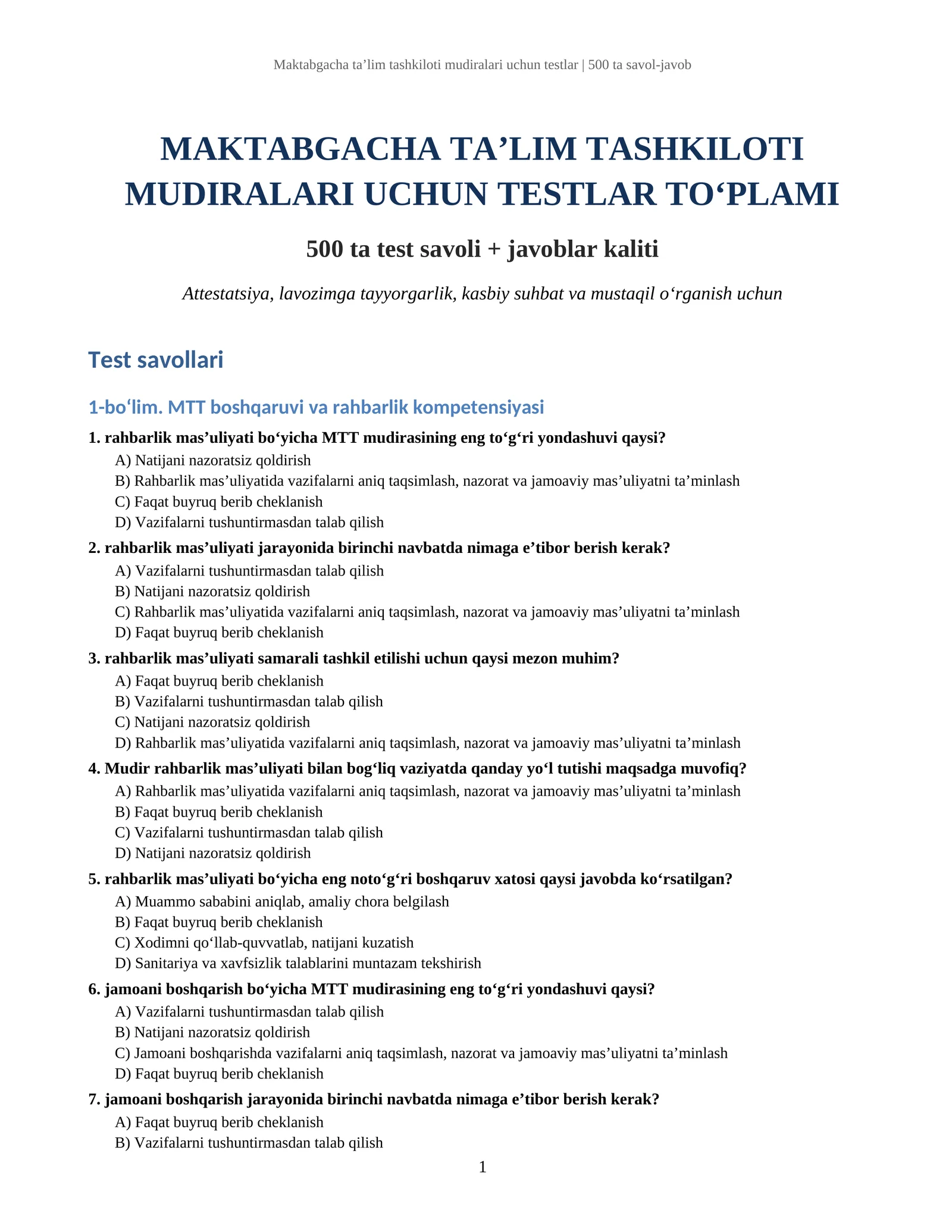 Maktabgacha ta’lim tashkiloti mudiralari uchun testlar | 500 ta savol-javob