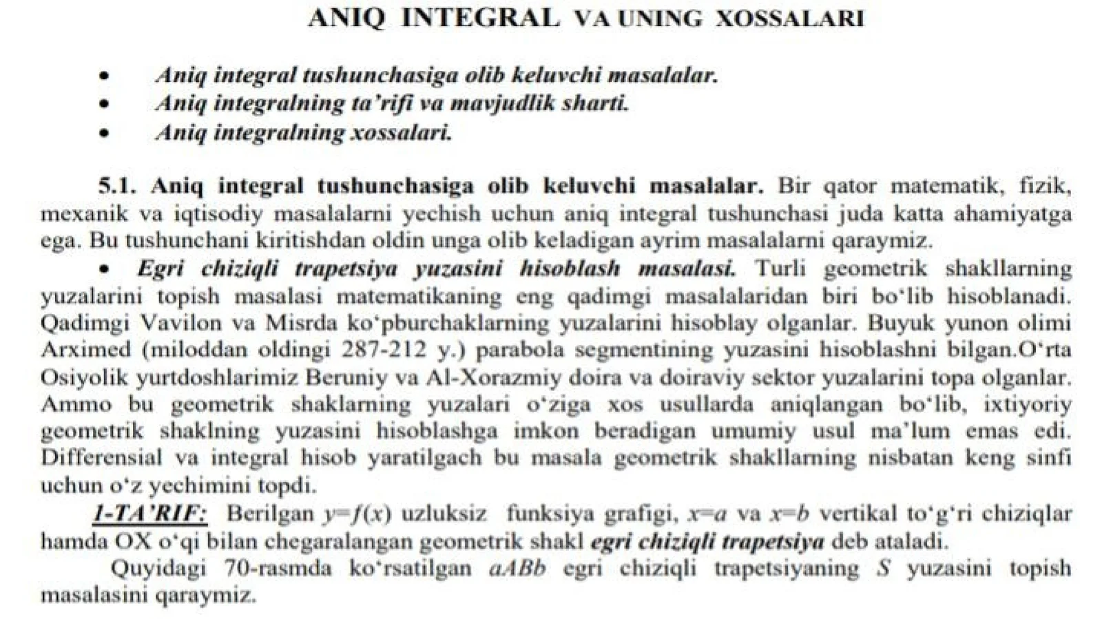 Aniq integral va uning xossalari