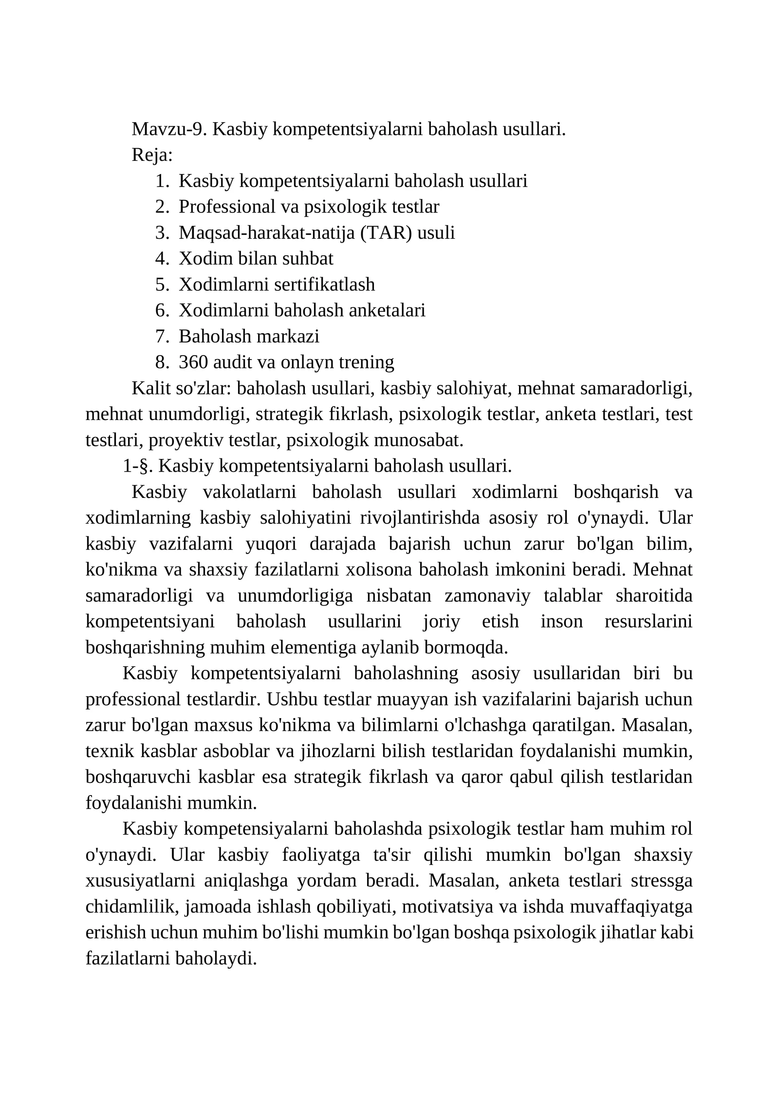 Kasbiy kompetentsiyalarni baholash usullari