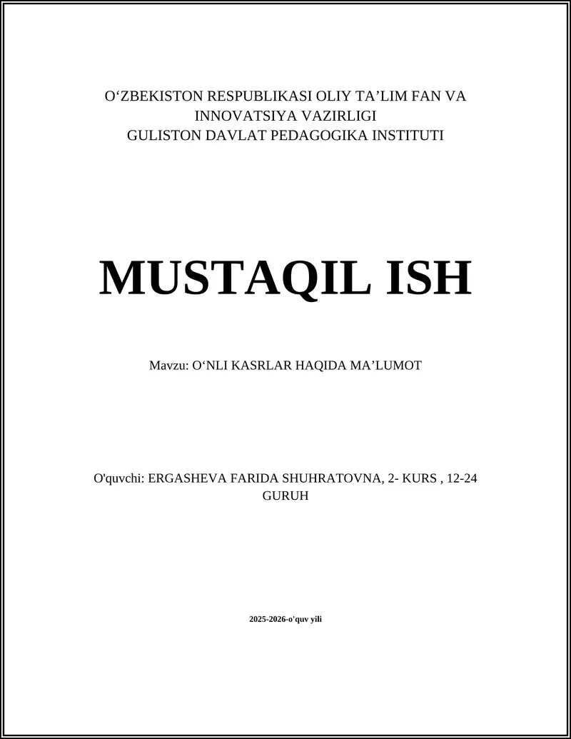 OʻNLI KASRLAR HAQIDA MAʼLUMOT