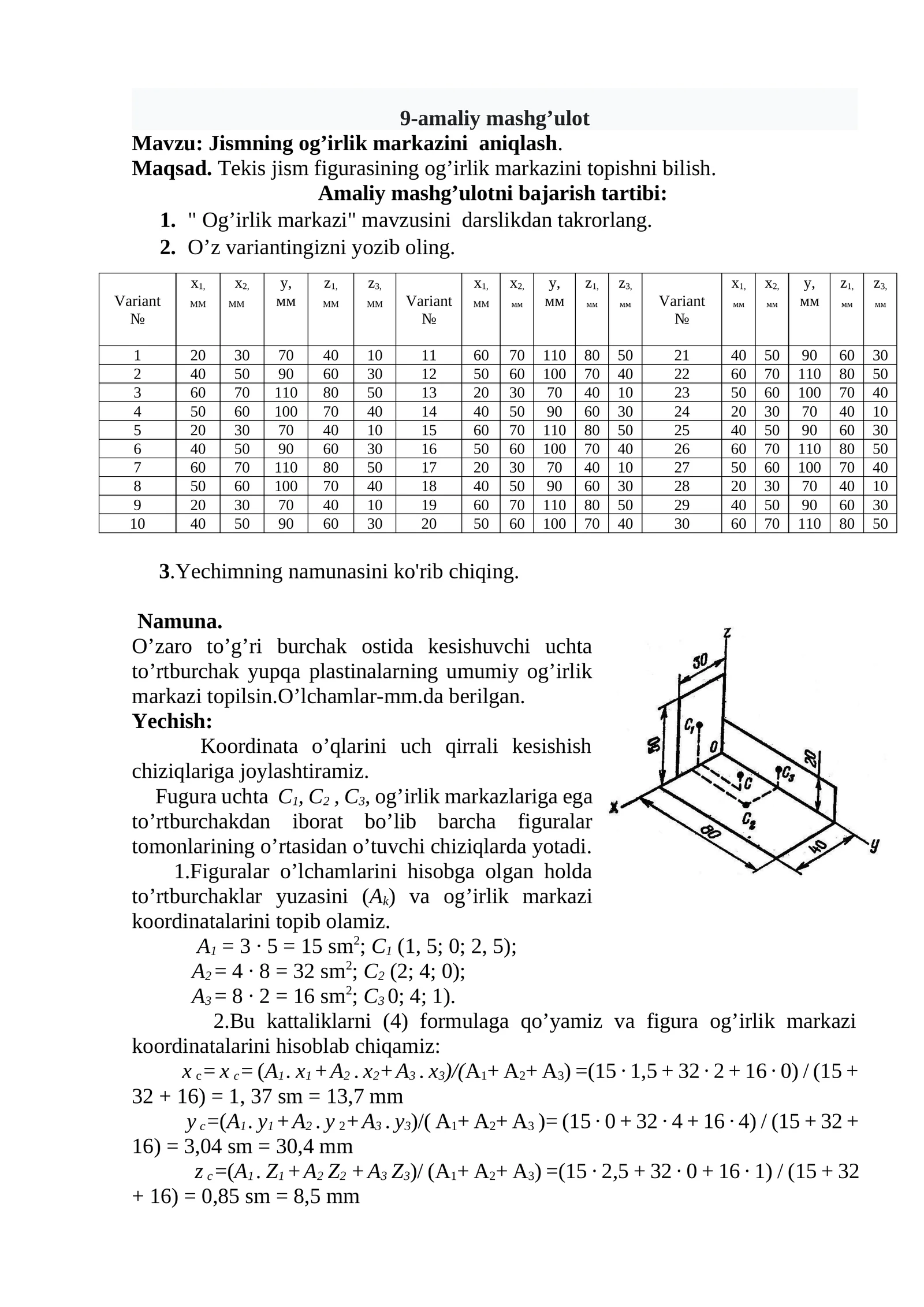 Jismning og’irlik markazini aniqlash