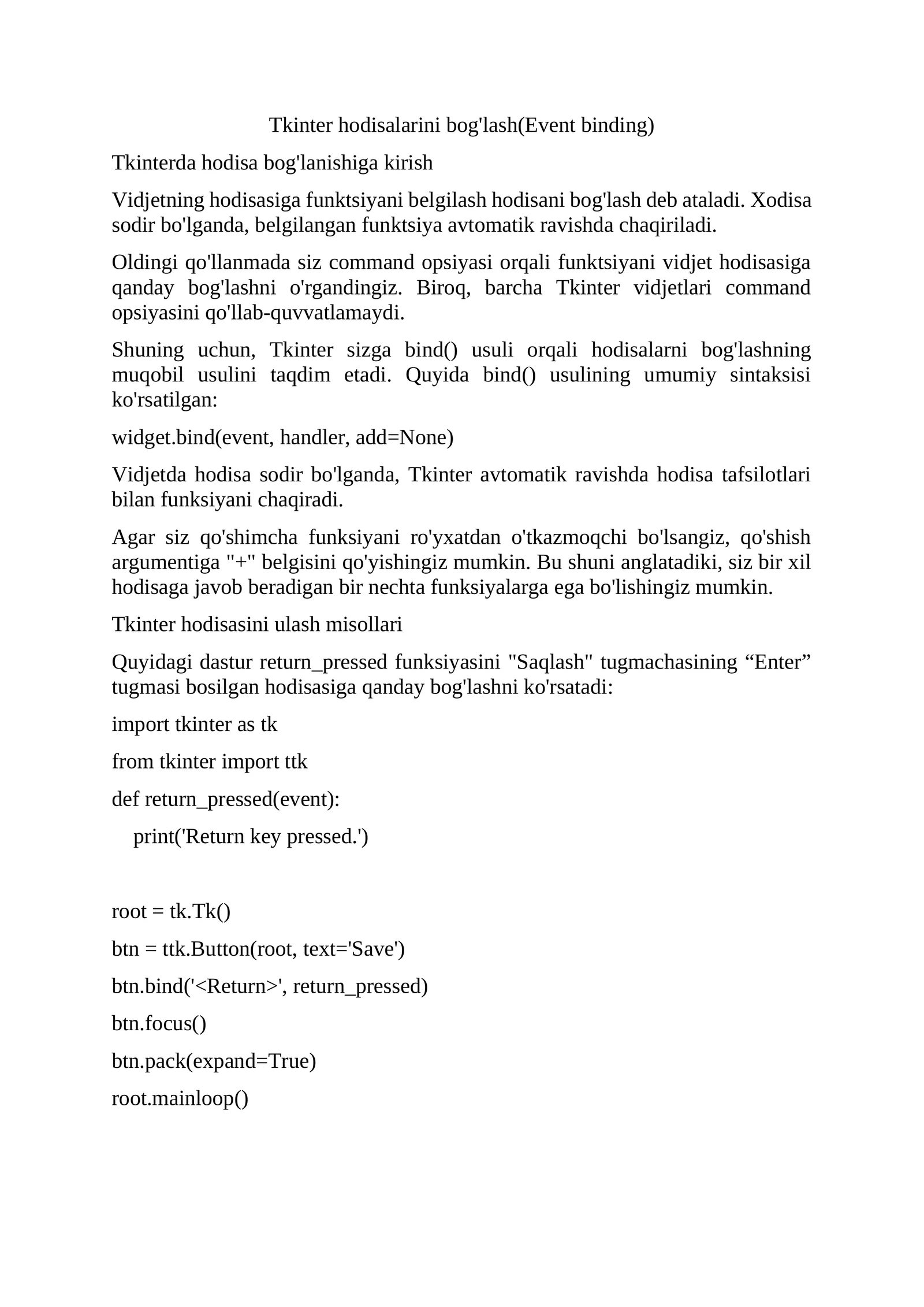 Tkinter hodisalarini bog'lash(Event binding)