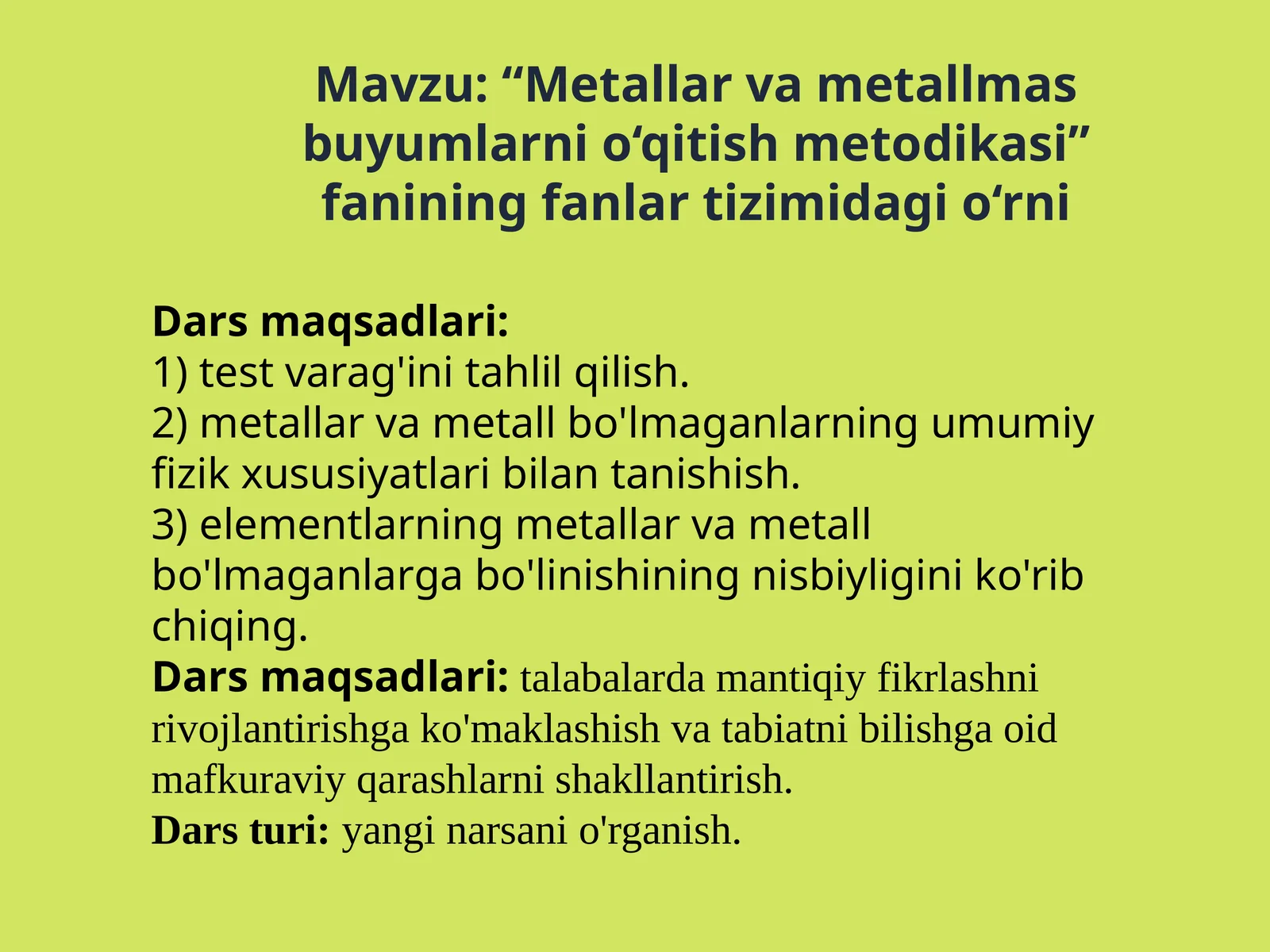 “Metallarvametallmasbuyumlarnio‘qitishmetodikasi”faniningfanlartizimi