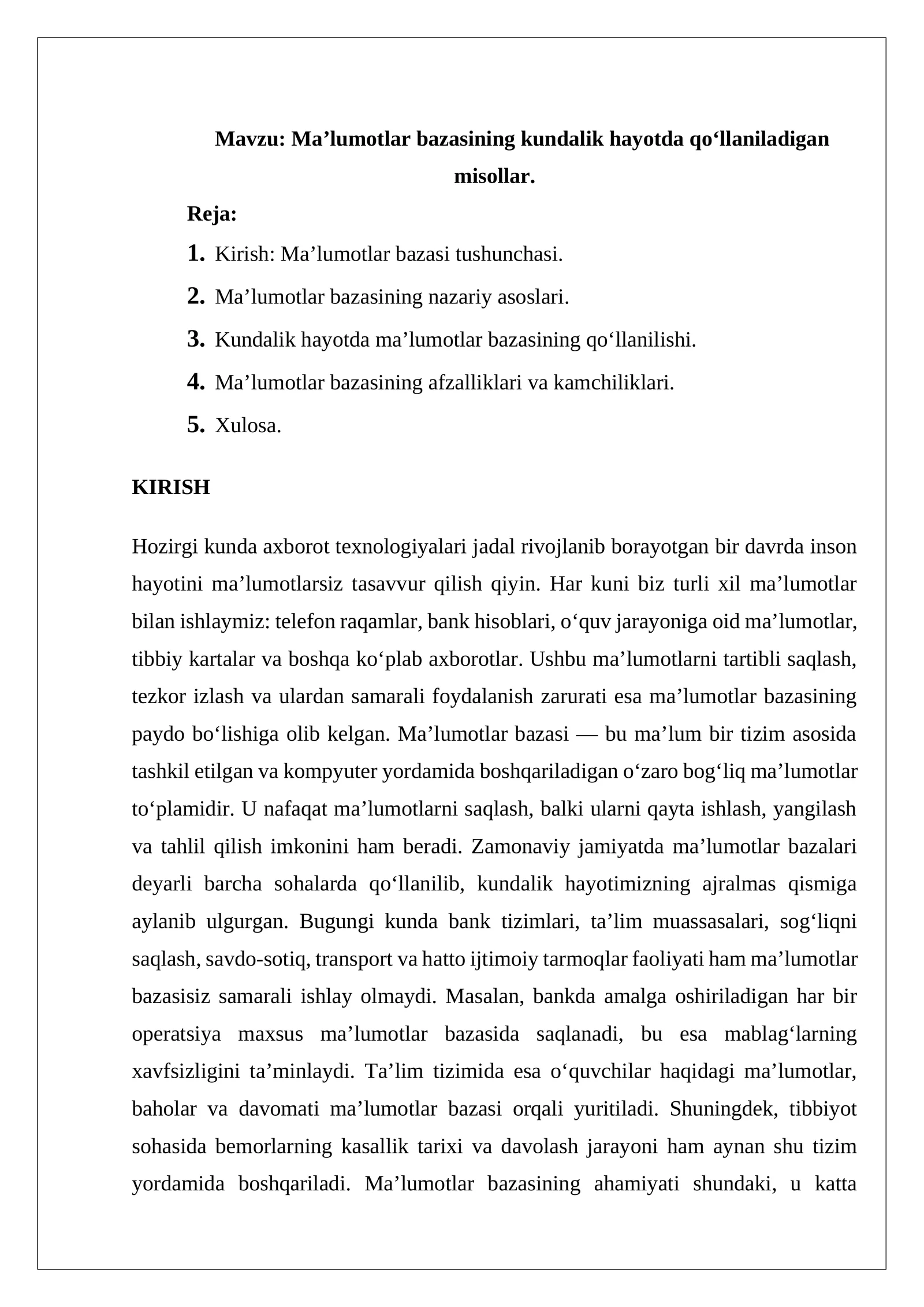 Ma’lumotlar bazasining kundalik hayotda qo‘llaniladigan misollar