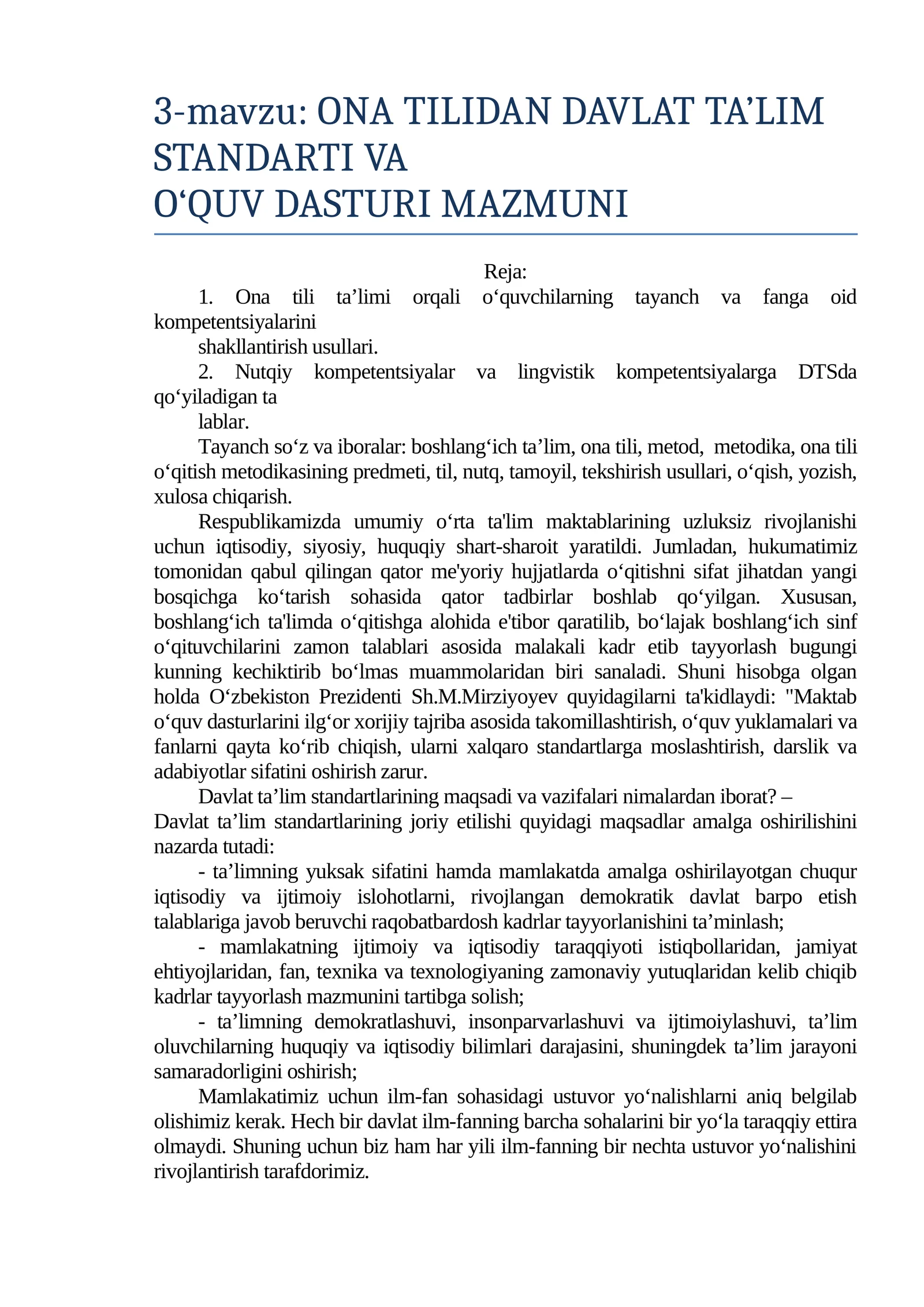 ONA TILIDAN DAVLAT TA’LIM STANDARTI VA O‘QUV DASTURI MAZMUNI