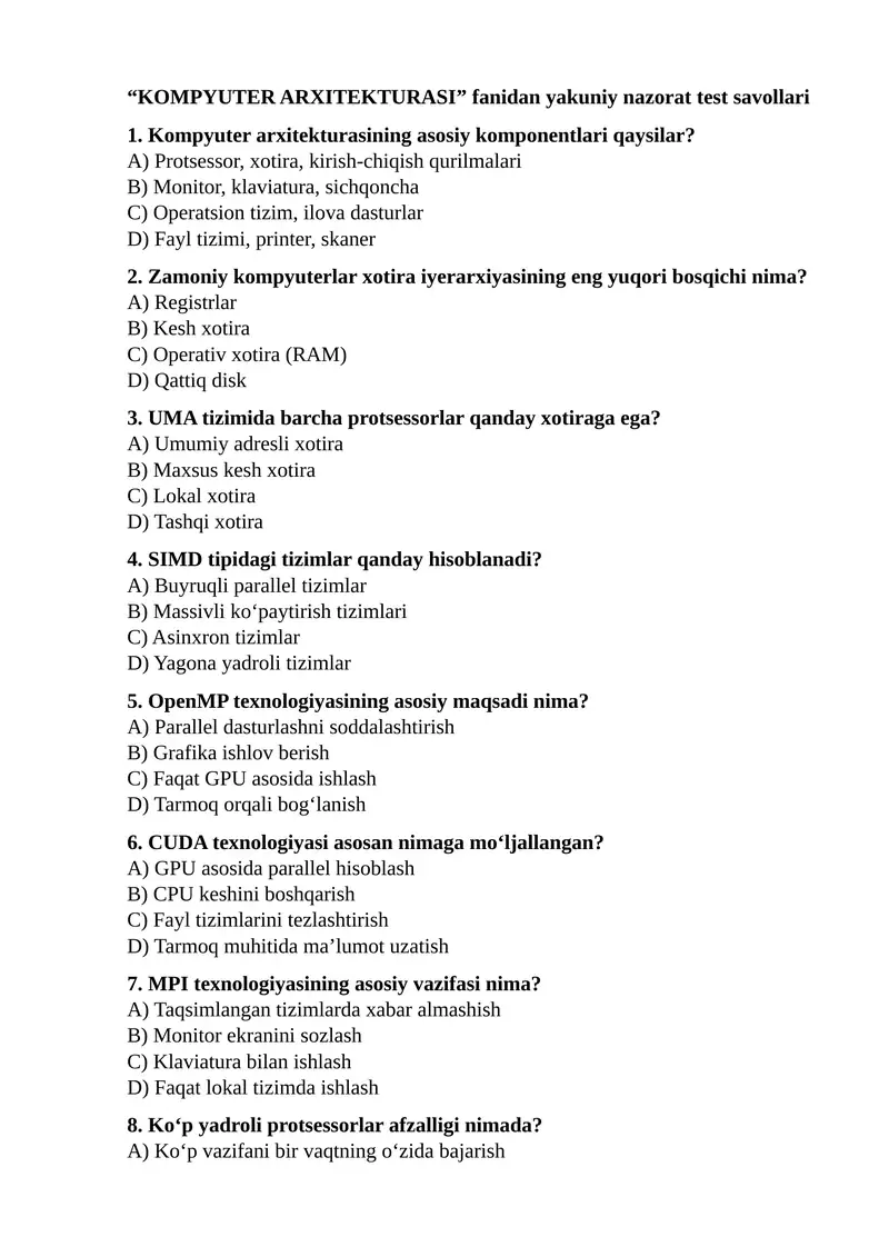 KOMPYUTER ARXITEKTURASI fanidan yakuniy nazorat test savollari