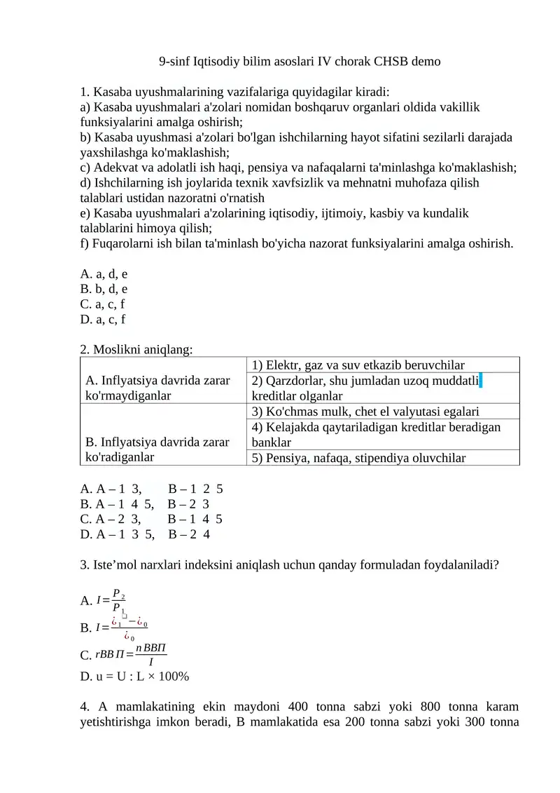 9-sinf Iqtisodiy bilim asoslari IV chorak CHSB demo
