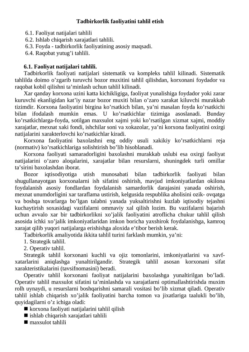 Tadbirkorlik faoliyatini tahlil etish