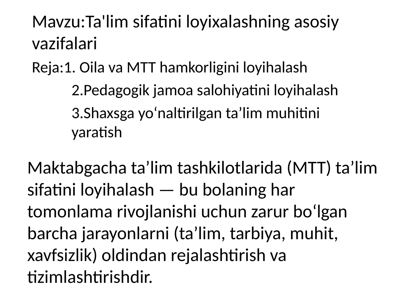 Ta'lim sifatini loyihalashning asosiy vazifalari