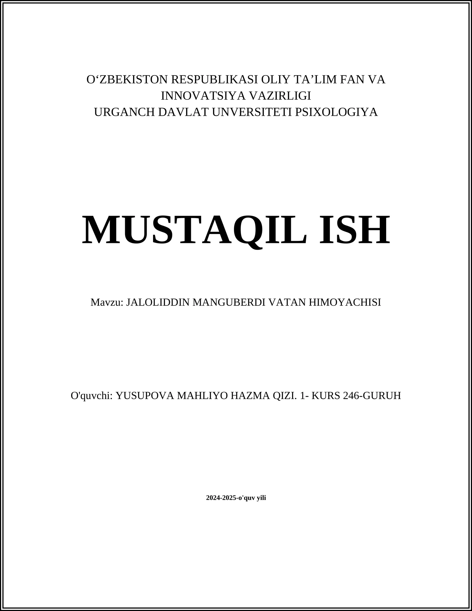 JALOLIDDIN MANGUBERDI VATAN HIMOYACHISI