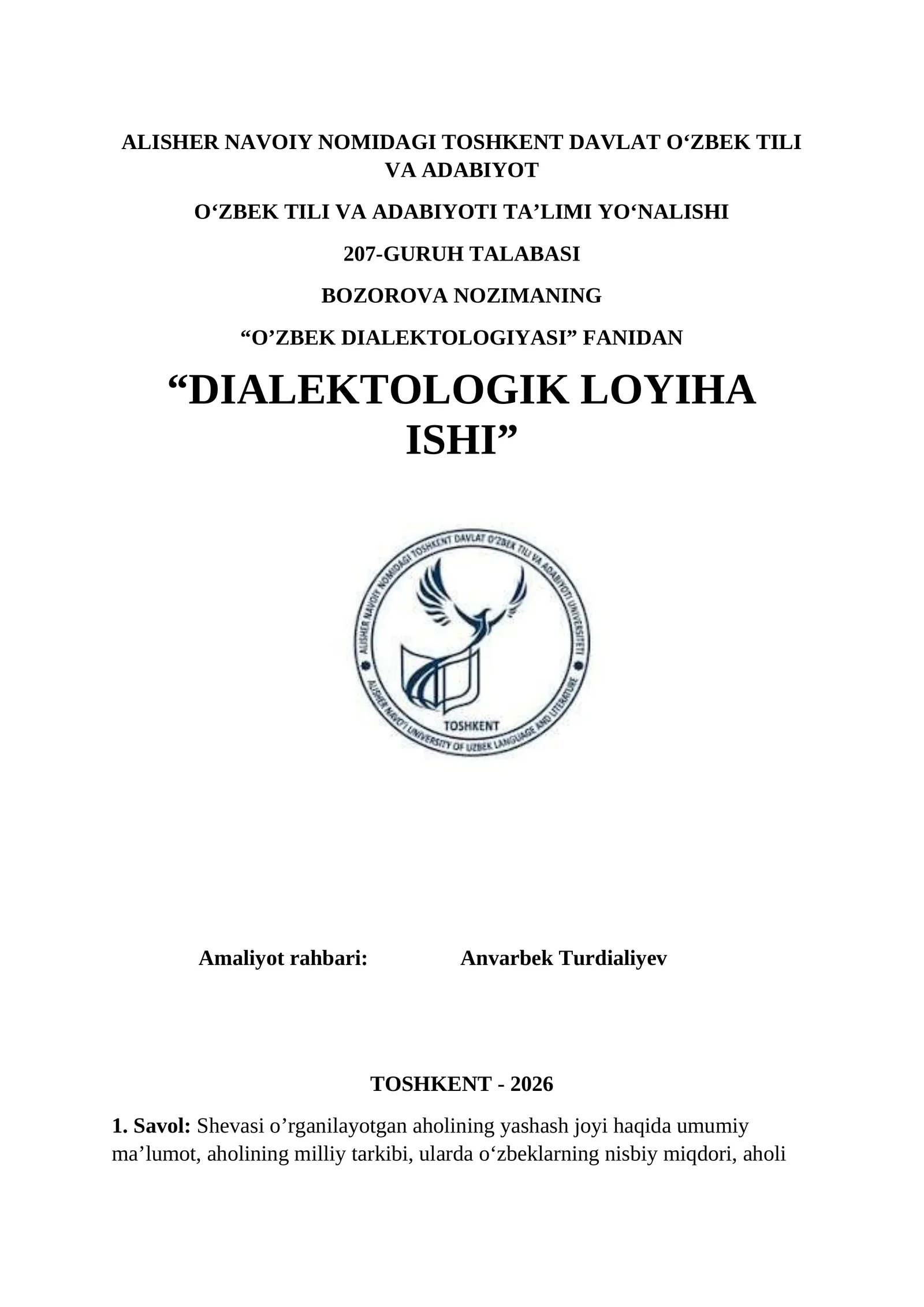 O‘ZBEK DIALEKTOLOGIYASI. Dialektologik amaliyot ishi