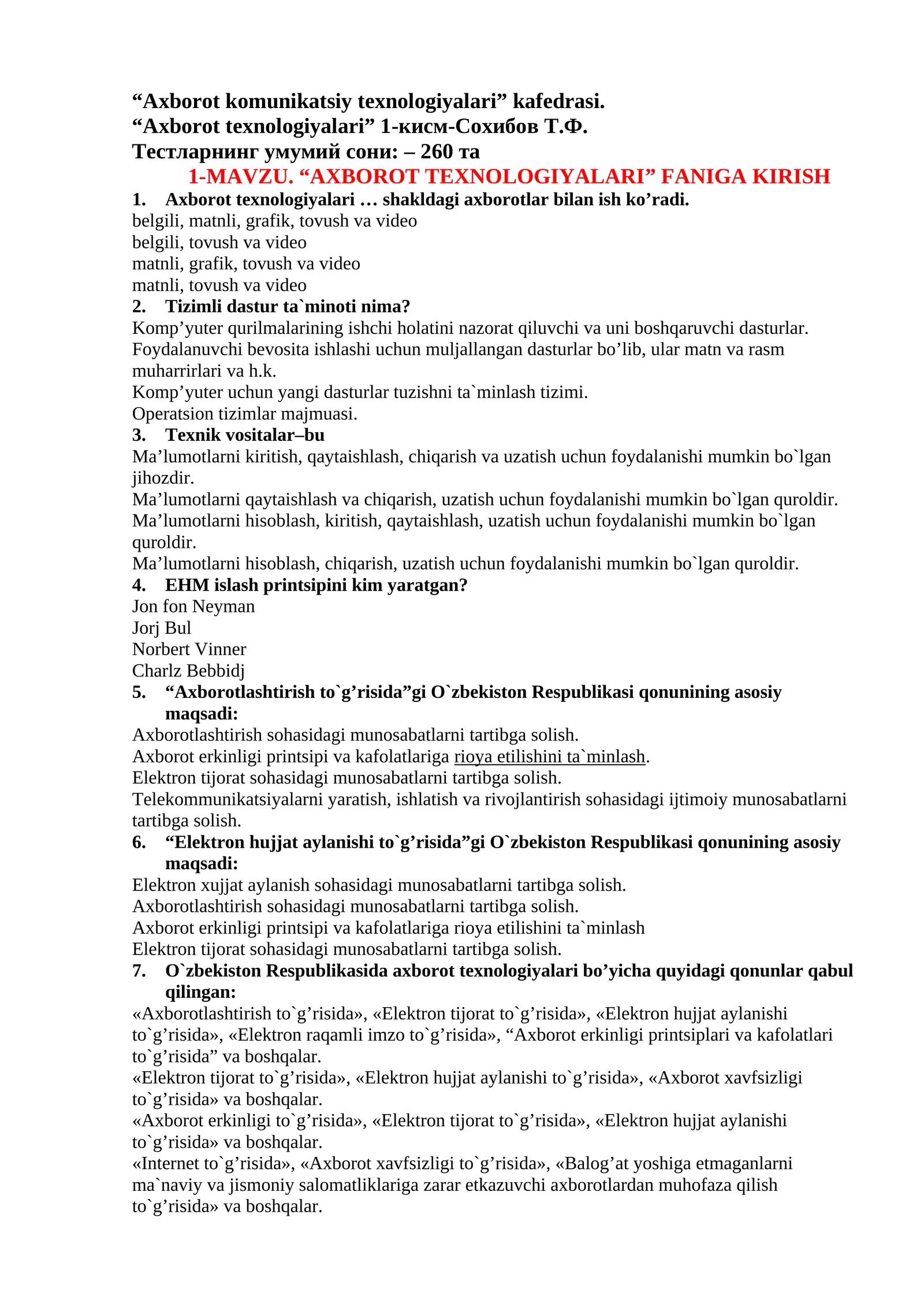 “AXBOROT TEXNOLOGIYALARI” FANIGA KIRISH