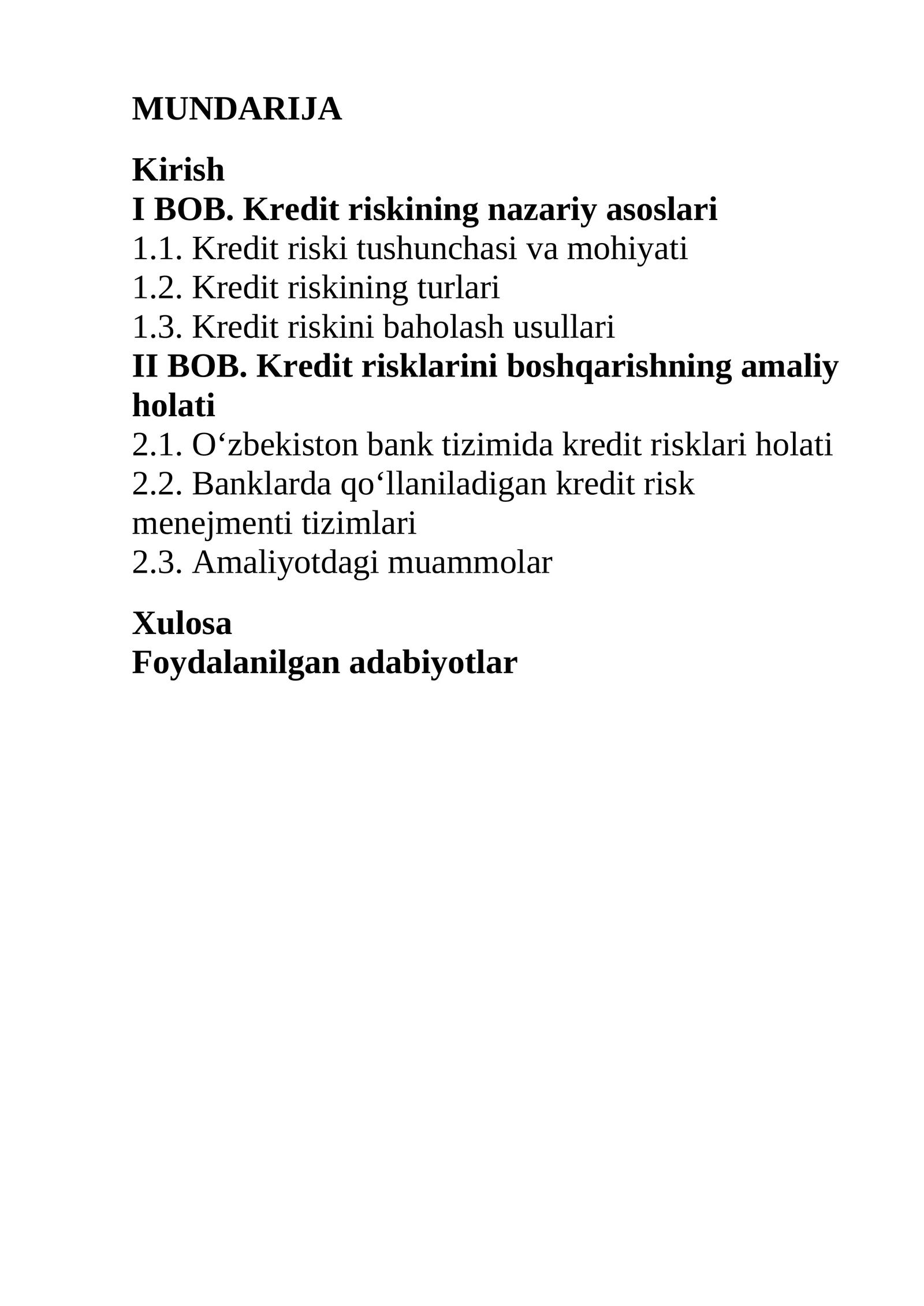 Kredit risklarini boshqarishning amaliy holati