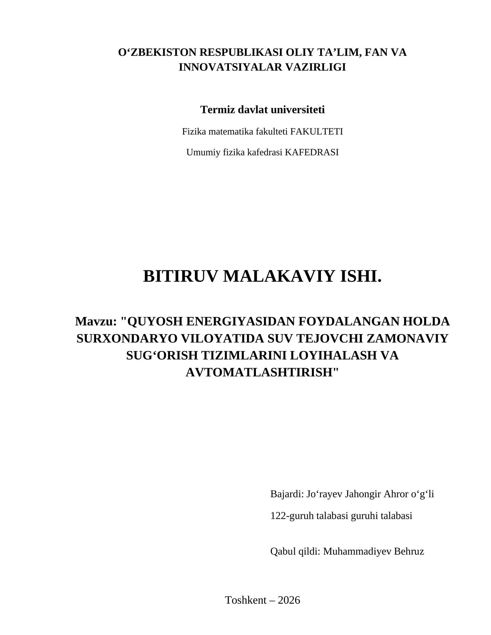 Quyosh energiyasidan foydalangan holda Surxondaryo viloyatida suv tejovchi zamonaviy sug‘orish tizimlarini loyihalash va avtomatlashtirish