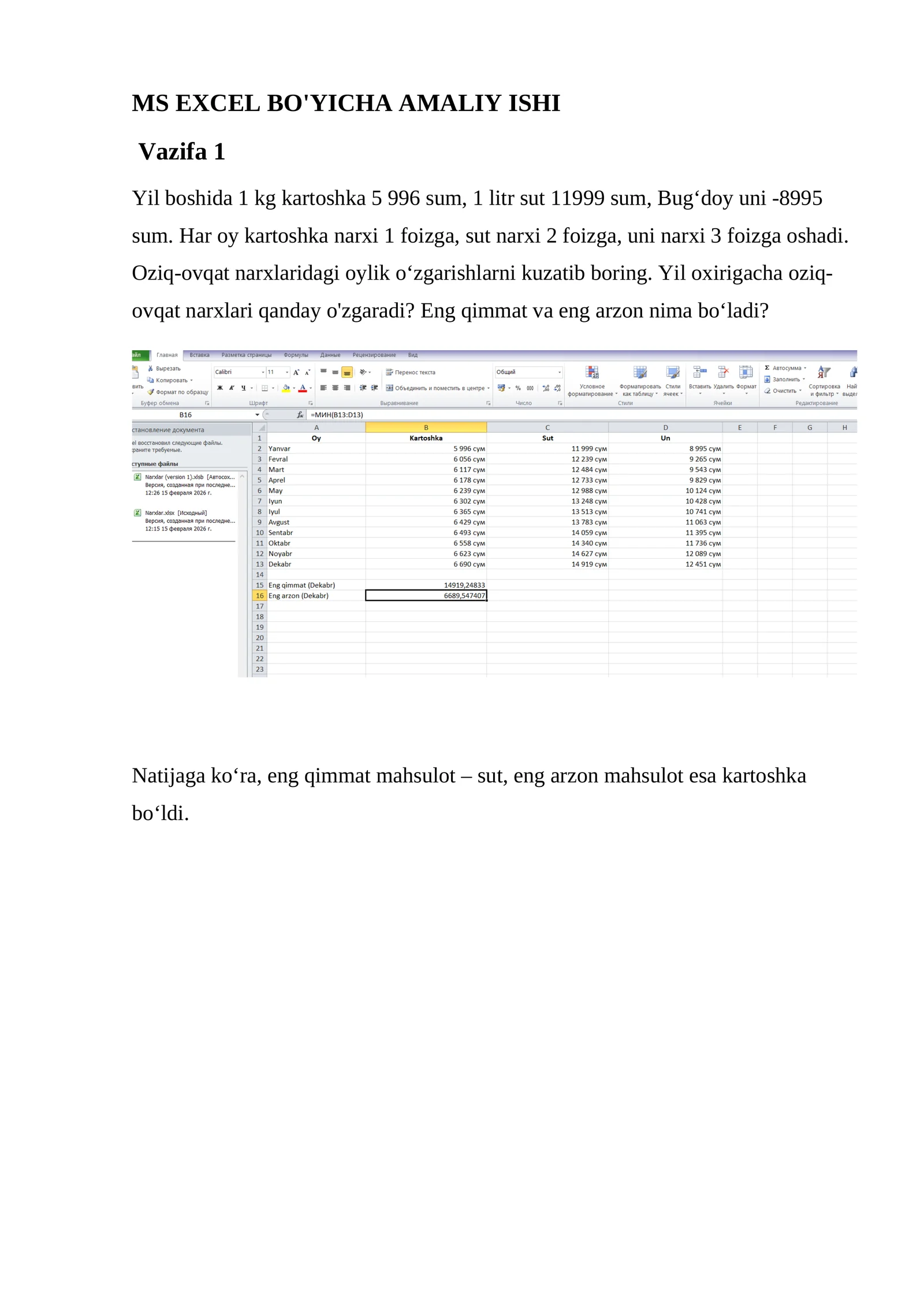 MS EXCEL BO'YICHA AMALIY ISHI