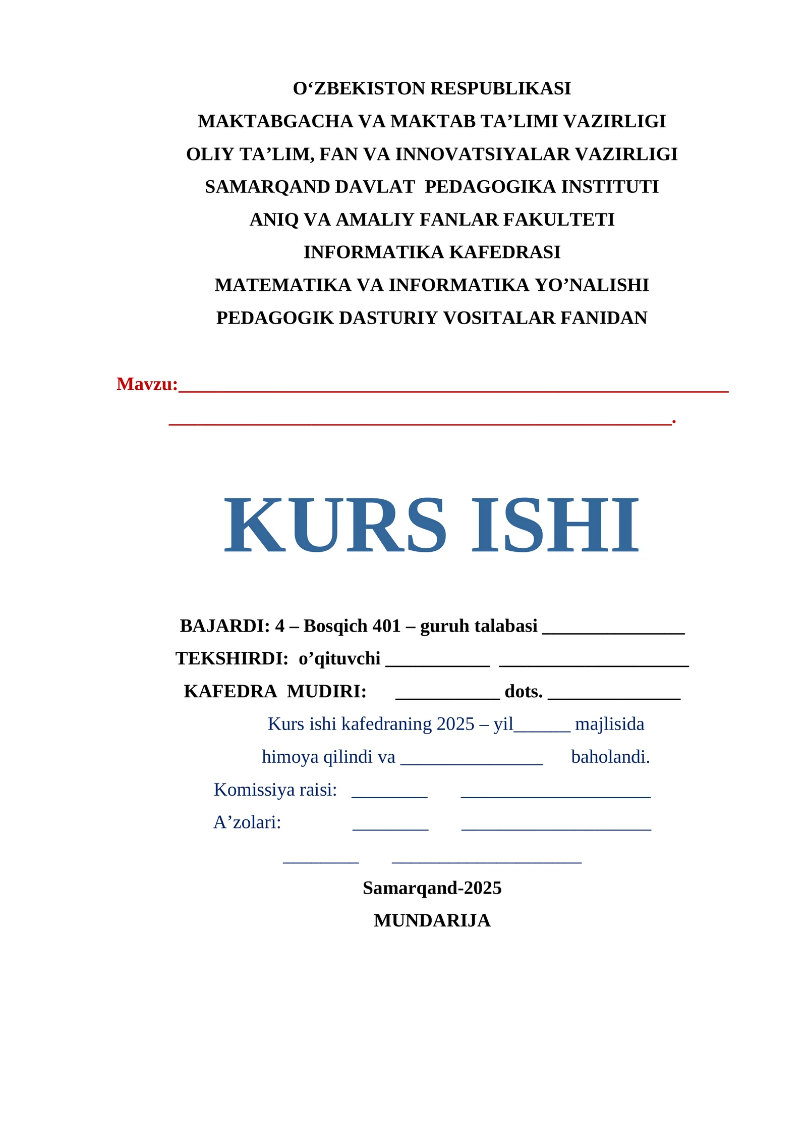 KURS ISHI. Umumiy ta'lim maktabida o'tqaziladigan kimyoviy eksperiment metodikasi