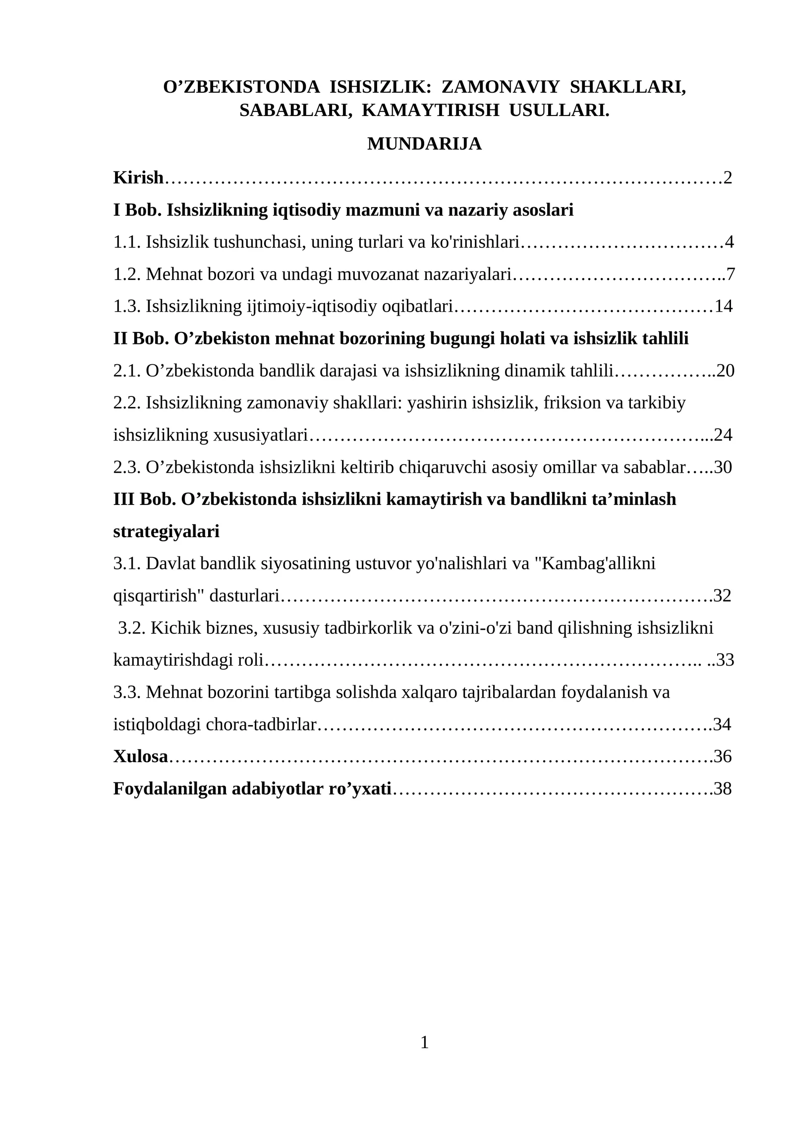 O’ZBEKISTONDA ISHSIZLIK: ZAMONAVIY SHAKLLARI, SABABLARI, KAMAYTIRISH USULLARI