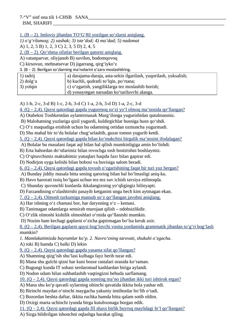 V sinf ona tili 1-CHSB SANA