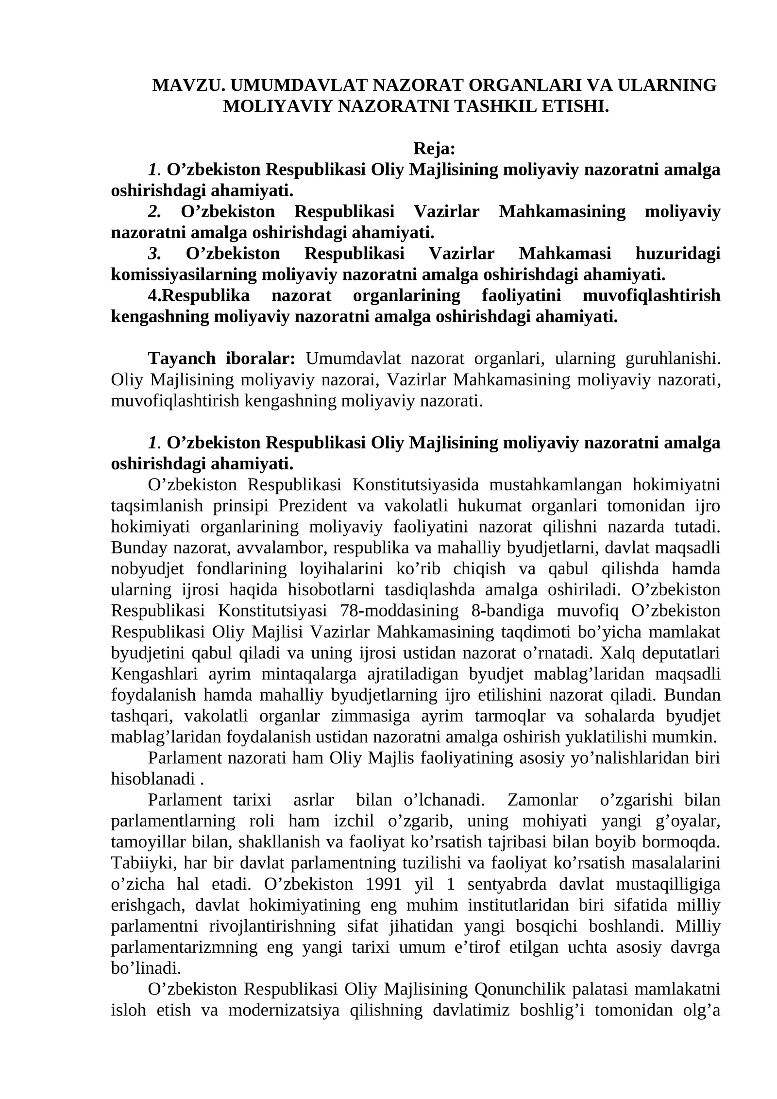 UMUMDAVLAT NAZORAT ORGANLARI VA ULARNING MOLIYAVIY NAZORATNI TASHKIL ETISHI