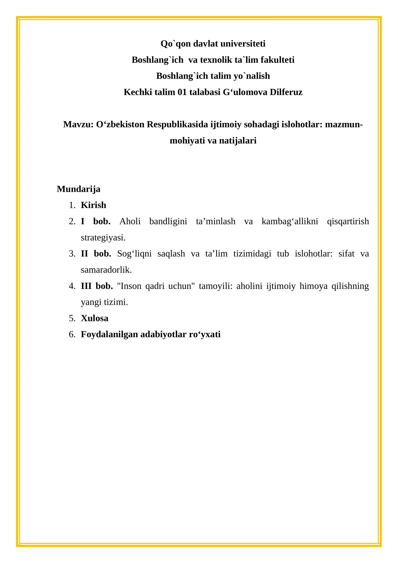 O‘zbekiston Respublikasida ijtimoiy sohadagi islohotlar: mazmun-mohiyati va natijalari