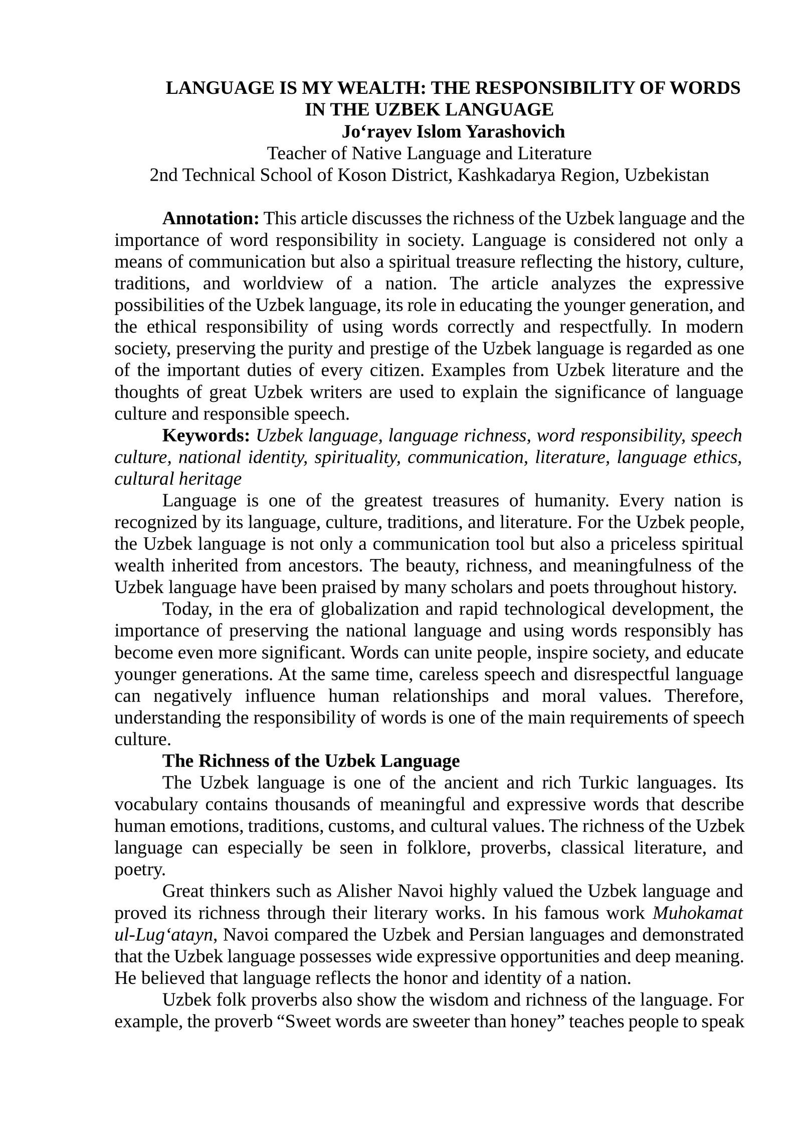 LANGUAGE IS MY WEALTH: THE RESPONSIBILITY OF WORDS IN THE UZBEK LANGUAGE