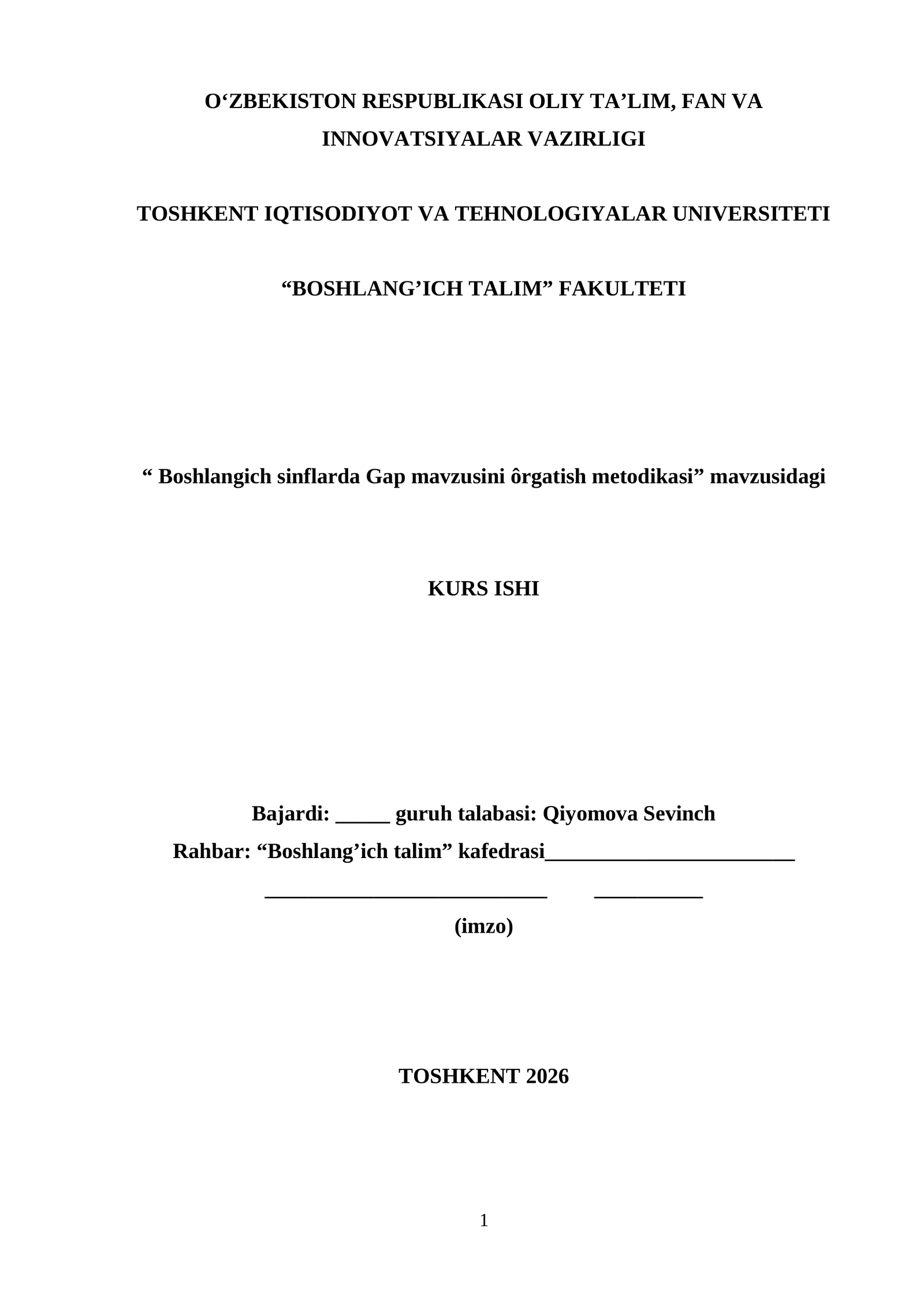 Boshlangich sinflarda Gap mavzusini ôrgatish metodikasi