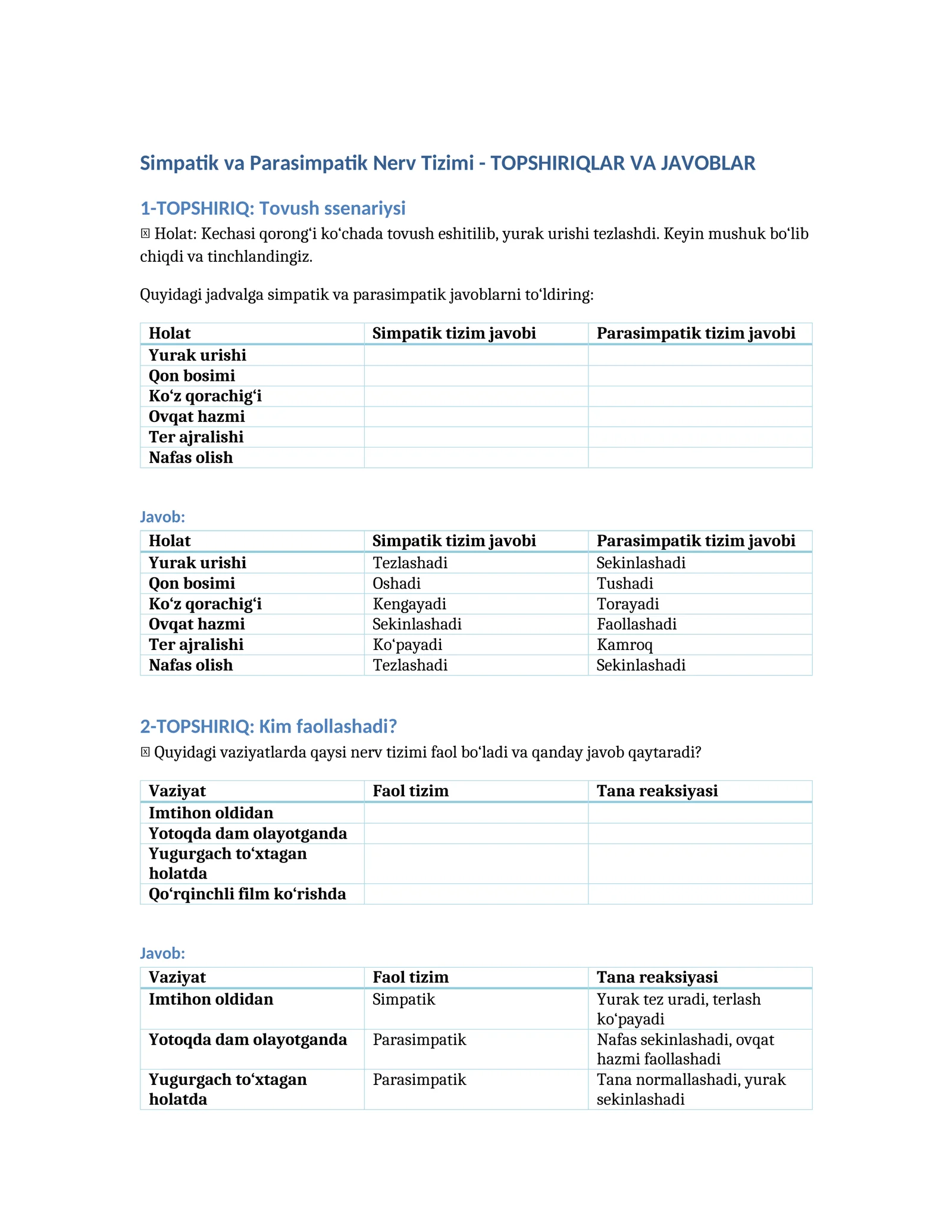 Simpatik va Parasimpatik Nerv Tizimi - TOPSHIRIQLAR VA JAVOBLAR