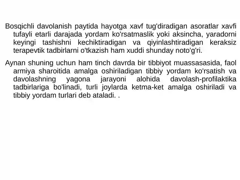 Tibbiy va evakuatsiya yordamini tashkil etish yaradorlar, kasallar, jangovar zonada va favqulodda vaziyatlarda zarar ko'rganlar