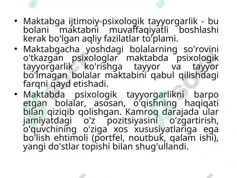 Bolalarning maktab ta’limiga tayyorlashda ijtimoiy-psixologik tayyorgarligi mavzusidagi TAQDIMOTI