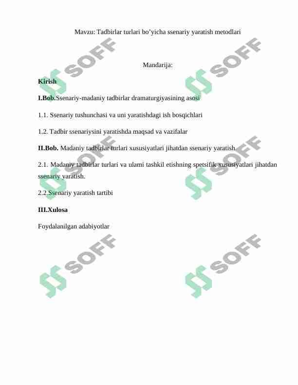 Tadbirlar turlari bo’yicha ssenariy yaratish metodlari