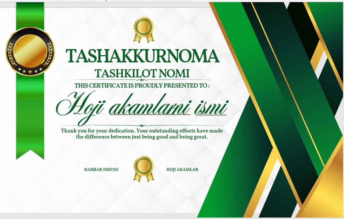 TASHAKKURNOMA shablon tayyori andoza