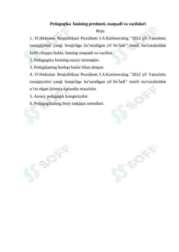 Pedagogika fani predmeti maqsadi va asosiy vazifalari