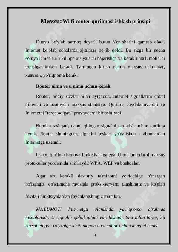 Wi fi router qurilmasi ishlash prinsipi