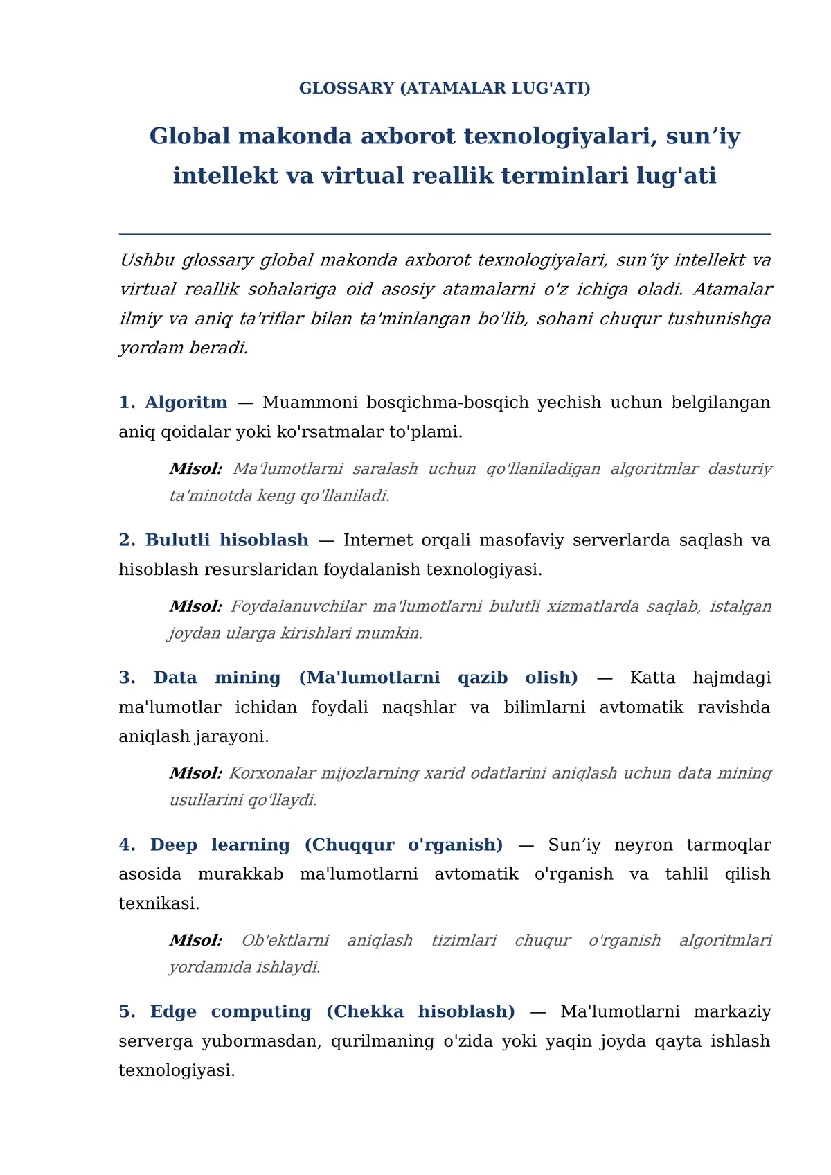 Global Makonda Axborot Texnologiyalari, Sunʼiy Intellekt va Virtual Reallik Terminlari Lug'ati