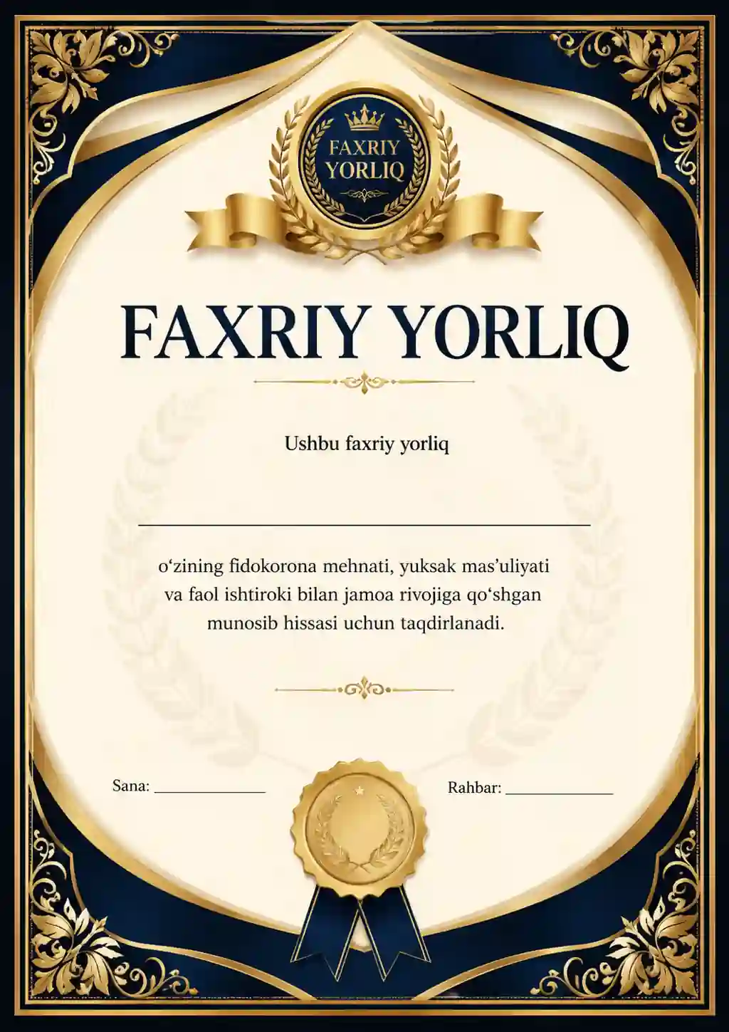 Premium faxriy yorliq shabloni | Oltin va ko‘k sertifikat dizayni