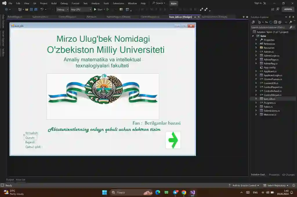 C# (winform) dasturlash tilida Abituriyentlarni ro'yxatga olishga taqlid qilingan tizim.