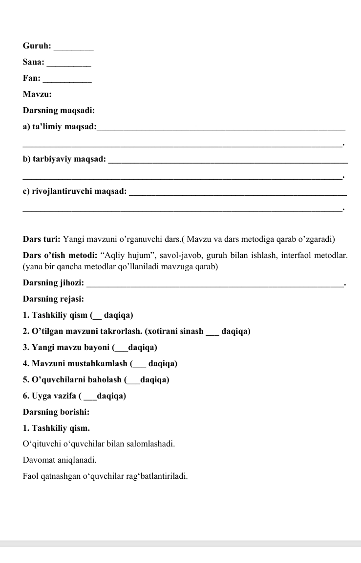 Kunc Kesen Shablon Umumiy shablon (dars ishlanma uchun)