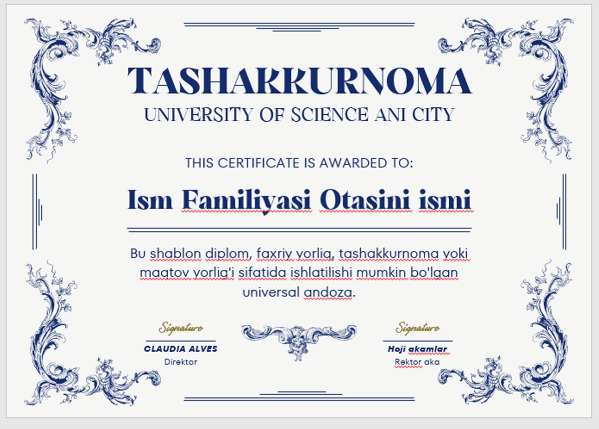 Kunc Kesen Shablon TASHAKKURNOMA shablon tayyori andoza