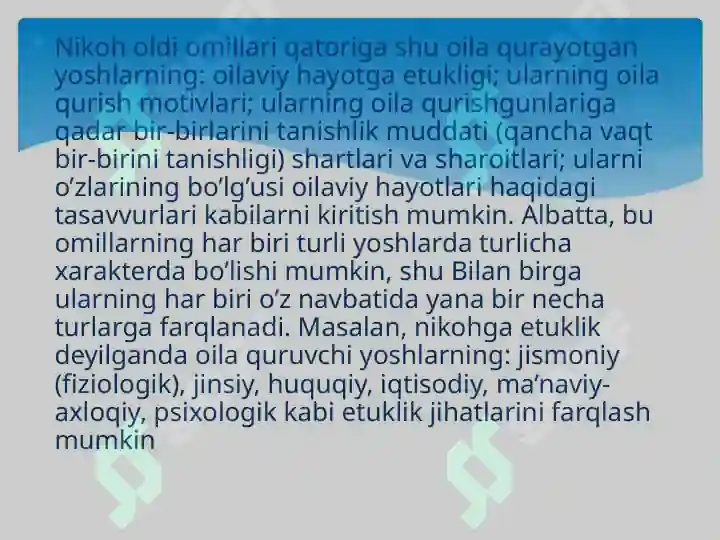 Nikoh Rasmlari NIKOH OLDI OMILLARI XUSUSIYATLARI