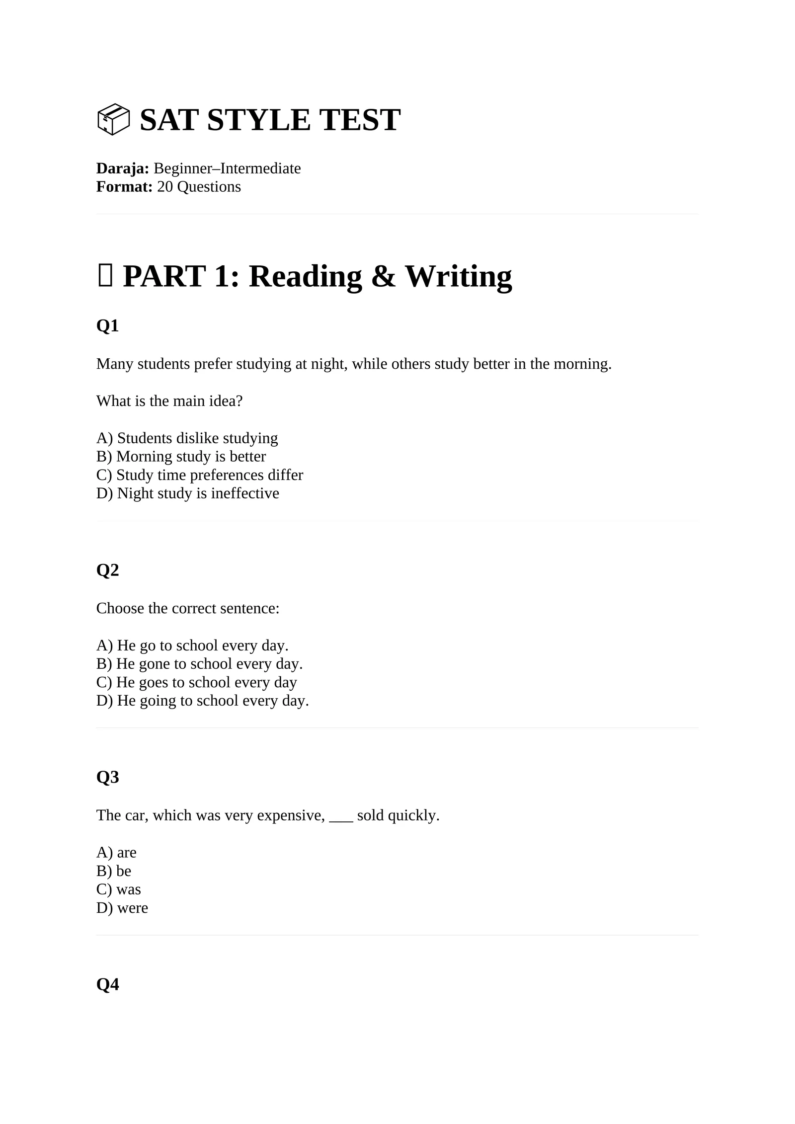 Sat Style Questions SAT STYLE TEST