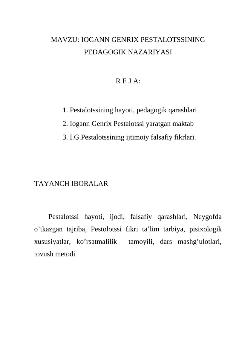 Genrix 5 IOGANN GENRIX PESTALOTSSINING PEDAGOGIK NAZARIYASI