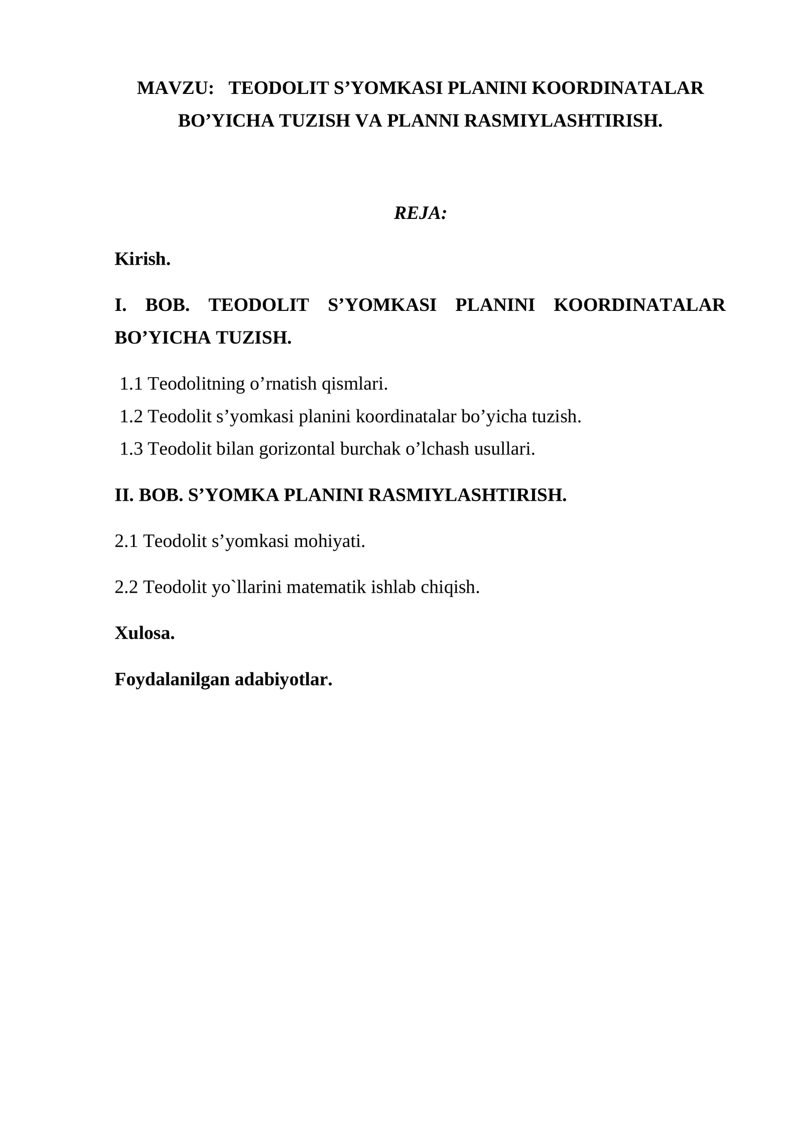 Planni TEODOLIT S’YOMKASI PLANINI KOORDINATALAR BO’YICHA TUZISH VA PLANNI ...