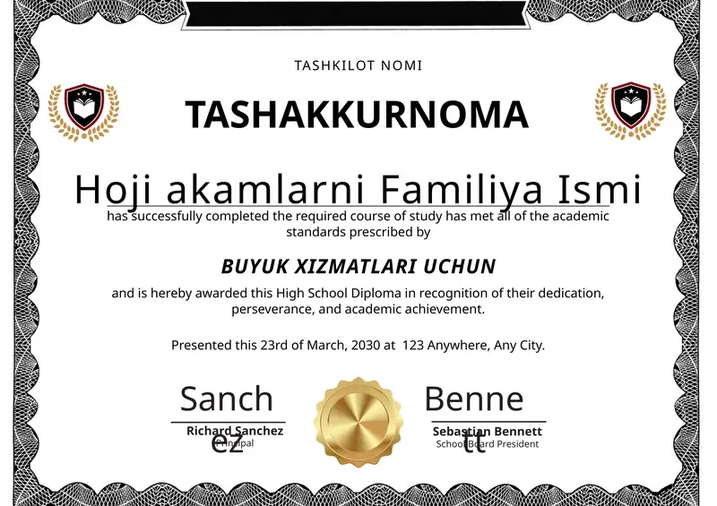 Kunc Kesen Shablon Tashakkurnoma shablon tayyori andoza
