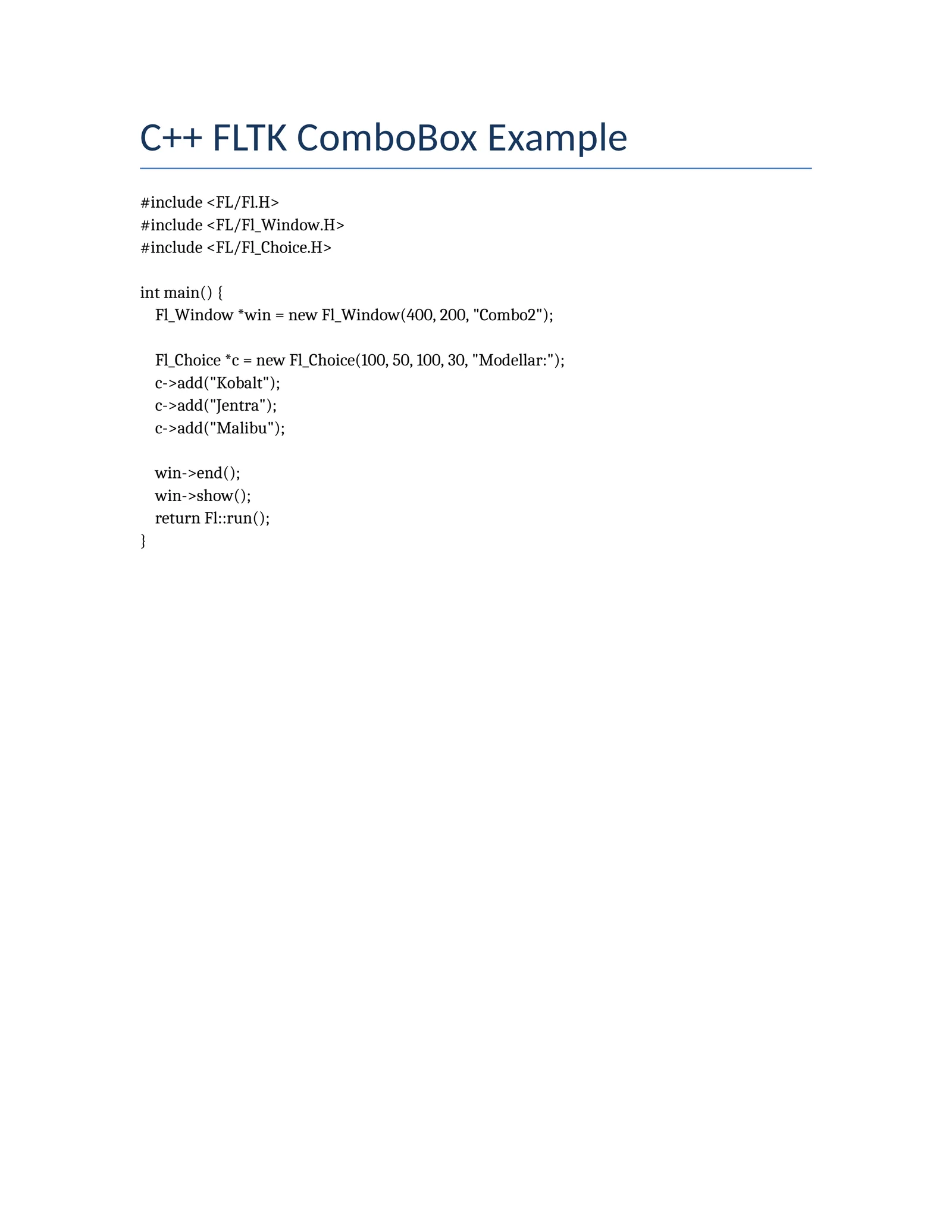 C++ FLTK ComboBox Example